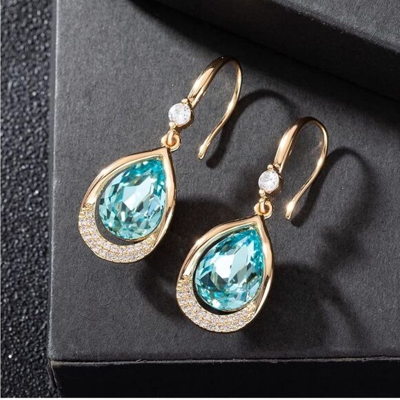 14K Yellow Gold and Aquamarine Blue Austrian Crystal Teardrop Halo Hook Earrings - Picture 2 of 6